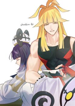 1boy 1girl black_shirt blonde_hair brother_and_sister chandelure coat commentary_request gen_5_pokemon gwynn_(pokemon) hat highres ivor_(pokemon) long_hair mole mole_under_mouth nintendo parted_lips pokemon pokemon_(creature) pokemon_legends:_z-a purple_hair red_eyes shirt short_hair siblings sleeping sleeveless sleeveless_shirt smile tsukikusa_ao twitter_username white_background white_coat