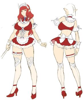 1girl alectra alternate_costume ass axe battle_axe bikini bikini_under_clothes bow breasts cleavage curvy demon_girl expressionless full_body hand_on_own_hip high_heels highres holding holding_axe horns lips looking_at_viewer maid maid_bikini miniskirt multiple_views navel non-web_source official_alternate_costume official_art pointy_ears red_eyes red_hair reference_sheet revealing_clothes see-through_clothes see-through_skirt skirt smile source_request swimsuit swimsuit_under_clothes taimanin_(series) taimanin_rpgx thighs tiara unconventional_maid weapon white_background wide_hips zol