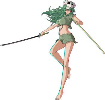1girl 3d absurdres barefoot bleach bleach:_rebirth_of_souls breasts female_focus full_body green_hair highres holding holding_sword holding_weapon large_breasts long_hair midriff navel nelliel_tu_odelschwanck official_art revealing_clothes scar sheath skull solo source_request sword torn_clothes underboob weapon