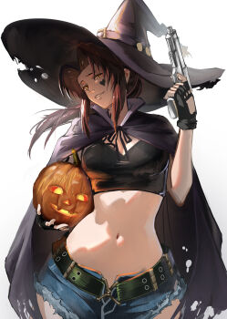 1girl absurdres black_lagoon breasts brown_hair cape crop_top fingerless_gloves gloves gun halloween hat highres long_hair ponytail rebel_i revy_(black_lagoon) short_shorts shorts solo tattoo weapon white_background witch_hat