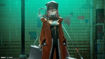 1girl :| absurdres backlighting bangle beanie black_bodysuit black_hat bodysuit bracelet closed_mouth coat copyright_name copyright_notice cowboy_shot hair_over_one_eye hands_in_pockets hat highres jewelry logo long_hair looking_at_viewer mingshuang_(xinyue_tongxing) official_art official_wallpaper one_eye_covered orange_coat pink_hair purple_eyes rain security_shutter solo very_long_hair weapon_case xinyue_tongxing