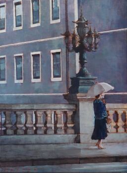 Rule 34 | 1girl, building, day, full body, highres, holding, holding umbrella, kazuho iwamoto, oil painting (medium), original, painting (medium), railing, road, scenery, sidewalk, street, traditional media, umbrella, window