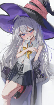 1girl absurdres ahoge bare_shoulders blue_eyes blush boots clenched_teeth collared_shirt commentary elaina_(majo_no_tabitabi) grey_hair hair_between_eyes hat highres kerno long_hair looking_at_viewer majo_no_tabitabi midriff_peek open_mouth pleated_skirt shirt simple_background skirt sleeveless sleeveless_shirt solo teeth white_background white_shirt witch witch_hat
