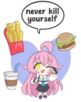 1girl :3 :d absurdres ahoge black_gloves black_skirt blue_archive blue_necktie blue_shoes burger chest_harness chibi chibi_only chigyudoomer collared_shirt commentary cup disposable_coffee_cup disposable_cup dress_shirt drinking_straw english_commentary english_text fang food french_fries gloves hair_flaps harness heart highres hoshino_(blue_archive) long_hair mcdonald&#039;s meme miniskirt necktie never_kill_yourself_(meme) open_mouth pink_hair plaid_clothes plaid_skirt pleated_skirt shirt shoes simple_background skirt smile socks solo speech_bubble very_long_hair white_background white_shirt white_socks yellow_eyes