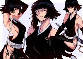 Rule 34 | 1girl, absurdres, arm warmers, arms on head, black arm warmers, black hair, bleach, breasts, brown eyes, from side, highres, jesse schickler, looking at viewer, ninja, short hair, sideboob, smile, stretching, sui-feng, sword, twintails, weapon