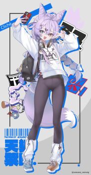 1girl absurdres backpack bag black_leggings bow braid cellphone character_name cone_hair_bun double_bun fox_girl fox_tail full_body hair_between_eyes hair_bow hair_bun hair_ornament hairclip hands_up heterochromia highres holding holding_phone leg_warmers leggings long_hair long_sleeves looking_at_phone mismatched_shoes nanana_narang open_mouth phone purple_hair shirt smartphone smile solo standing stellive tail tenko_shibuki twin_braids v virtual_youtuber white_leg_warmers white_shirt