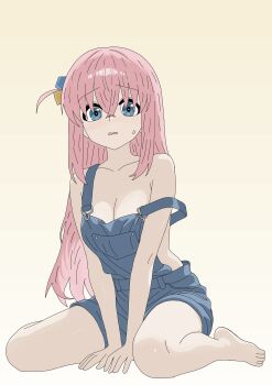 1girl absurdres barefoot blue_eyes bocchi_the_rock! breasts cleavage collarbone gotoh_hitori hair_between_eyes highres long_hair looking_at_viewer naked_overalls open_mouth overalls pink_hair ribbon sitting solo strap_slip totalmajorweeb wariza