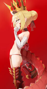 1girl ass bikini boots braid braided_bun breasts closed_mouth crocodilian_tail crown elbow_gloves fate/grand_order fate_(series) feet_out_of_frame from_side gloves hair_bun hand_up highres kwuro210938 nero_claudius_(fate) queen_draco_(fate) red_background red_bikini red_eyes red_tail red_theme small_breasts smile standing swimsuit tagme tail thigh_boots