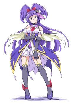 1girl ankleband black_gloves black_thighhighs bloomers blunt_bangs bow bracelet closed_mouth commentary cure_magical dress elbow_gloves full_body garter_straps gloves hair_bow hand_on_own_arm hat high_heels highres izayoi_liko jewelry long_hair looking_at_viewer magical_girl mahou_girls_precure! mini_hat mini_witch_hat precure purple_bow purple_dress purple_eyes purple_hair red_bow simple_background smile solo standing thighhighs underwear uraki white_background white_bloomers witch_hat