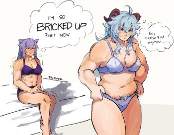 Rule 34 | 2girls, black horns, blue hair, bra, breasts, commentary, cone hair bun, english text, ganyu (genshin impact), genshin impact, goat horns, hair bun, hashtag-only commentary, highres, horns, keqing (genshin impact), long hair, medium breasts, multiple girls, muscular, muscular female, navel, on bed, panties, plump, purple bra, purple hair, signature, sitting, speech bubble, tapeanna, thought bubble, toned, underwear, underwear only, white bra, white panties, yuri