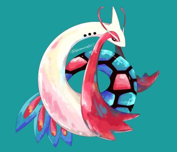 Rule 34 | absurdres, antennae, black eyes, blue scales, colored sclera, fins, gen 3 pokemon, green background, highres, milotic, nintendo, no humans, pink scales, pokemon, pokemon (creature), pokemon rse, red sclera, sea serpent, shiratamint, thick eyebrows