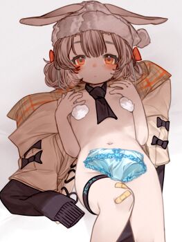1girl animal_ears arknights blue_panties convenient_censoring covering_privates ears_through_headwear flat_chest grey_hair hat highres kochiya_(gothope) looking_at_viewer lop_rabbit_ears nude nude_cover orange_eyes panties rabbit_ears short_hair solo thigh_strap underwear unworn_clothes unworn_panties warmy_(arknights) warmy_(warm_velvet_at_the_corner)_(arknights) white_background