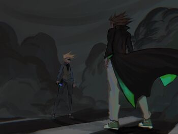 2boys animification black_coat black_necktie black_pants black_vest blue_shirt brown_hair coat collared_shirt commentary dutch_angle edd_(eddsworld) eddsworld edmundseni89244 floating_hair from_behind full_body future_edd_(eddsworld) future_tom_(eddsworld) green_shoes grey_pants head-mounted_display highres holding lcd long_sleeves male_focus multiple_boys necktie outdoors pants shirt shoes short_hair smoke sneakers spiked_hair standing tom_(eddsworld) trench_coat vest