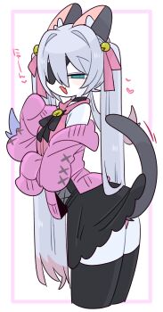 1boy animal_ear_fluff animal_ears arched_back bare_shoulders bell black_choker black_corset black_skirt black_thighhighs blue_eyes blue_hair bow cardigan cat_boy cat_ears cat_tail choker collared_shirt colored_tips commentary corset cowboy_shot crossdressing crossdressing_(mtf) double-parted_bangs eyepatch fang flipped_hair frilled_shirt_collar frills from_side furrification furry furry_male grey_tail hair_bell hair_between_eyes hair_bow hair_intakes hair_ornament hand_on_own_chest hand_up heart highres jingle_bell jirai_kei light_blush long_hair long_sleeves looking_at_viewer male_focus miniskirt multicolored_hair narrowed_eyes no_nose off_shoulder one_eye_covered op_na_yarou open_cardigan open_clothes open_mouth original panties panty_peek pink_bow pink_cardigan pink_panties pink_shirt quad_tails red_hair rigel_(op_na_yarou) shirt sidelocks simple_background skin_fang skirt sleeveless sleeveless_shirt sleeves_past_fingers sleeves_past_wrists solo standing straight_hair tail tail_raised thighhighs thighs translated trap underwear very_long_hair watermark white_background white_hair