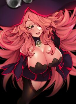1girl 2025 absurdres arms_at_sides black_background black_sclera blazblue breasts cape cleavage colored_sclera commentary detached_sleeves dress english_commentary female_focus from_above full_body gloves hair_over_one_eye hat high_heels highres konoe_a._mercury large_breasts long_hair long_sleeves looking_at_viewer mature_female one_eye_covered orange_eyes pink_hair pink_lips purple_dress purple_gloves purple_hat purple_thighhighs red_cape short_dress simple_background sitraell sleeveless sleeveless_dress solo standing thighhighs very_long_hair wavy_hair wide_sleeves witch witch_hat