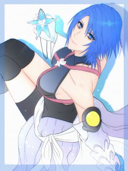 1girl aqua_(kingdom_hearts) black_thighhighs blue_eyes blue_hair corset highres kingdom_hearts kingdom_hearts_birth_by_sleep looking_at_viewer lux_spei thighhighs white_background