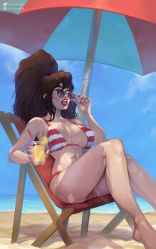 1girl adjusting_eyewear barefoot beach beach_umbrella big_hair bikini blue_sky breasts brown_hair cocktail cocktail_glass covered_erect_nipples cup day drinking_glass drinking_straw green_eyes high_ponytail highres kate_starling large_breasts lipstick long_hair looking_at_viewer makeup navel nikki_(kate_starling) ocean open_mouth original paid_reward_available ponytail reclining red_bikini red_lips sagging_breasts sky solo striped_bikini striped_clothes suggestive_fluid sunglasses sweat swimsuit teeth toned umbrella variant_set very_sweaty