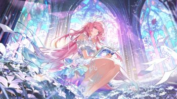 1girl as_i&#039;ve_written_(honkai:_star_rail) bare_shoulders blue_hair book breasts closed_mouth commentary cyrene_(honkai:_star_rail) cyrene_(ripples_of_past_reverie)_(honkai:_star_rail) dress gradient_hair highres holding holding_book honkai:_star_rail honkai_(series) kuuus long_hair medium_breasts multicolored_hair open_book pink_hair pointy_ears purple_eyes sidelocks sitting smile solo very_long_hair white_dress