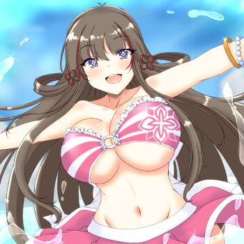 +_+ 1girl bikini blue_eyes blush body_blush bracelet breasts brown_hair chinese_knot cleavage floral_print flower-shaped_pupils hair_ornament hair_rings hairpin huge_breasts jewelry long_hair looking_at_viewer multicolored_hair multiple_hairpins navel o-ring o-ring_swimsuit open_mouth outstretched_arms pink_bikini pink_pupils red_streaks senran_kagura senran_kagura_new_link smile solo streaked_hair swimsuit symbol-shaped_pupils toki_(senran_kagura) tsunogiri