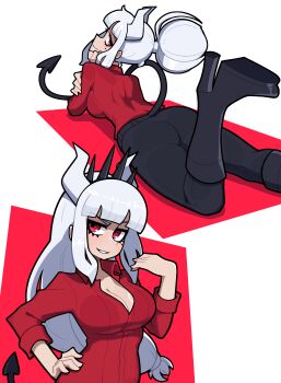 1girl absurdres arm_support ass black_boots black_pants black_tail blunt_bangs boots breasts cleavage closed_mouth collared_shirt commentary crown demon_girl demon_horns demon_tail from_behind grin hair_bun hand_on_own_cheek hand_on_own_face hand_on_own_hip helltaker high_heel_boots high_heels highres horns knee_boots large_breasts leg_lift leg_up long_hair long_sleeves looking_at_viewer looking_back lucifer_(helltaker) lying mole mole_under_eye muds multiple_views on_stomach pants raised_eyebrow red_eyes red_shirt shirt shirt_tucked_in simple_background smile tail teeth white_background white_hair white_horns