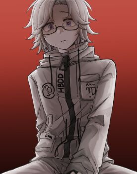 aotsuki_eito black_eyes blue_eyes closed_mouth eyebrows eyelashes glasses gradient_background highres looking_at_viewer male_focus multicolored_eyes parted_hair red_background red_pupils simple_background solo solo_focus the_hundred_line_-last_defense_academy- white_hair zipper zipper_pull_tab