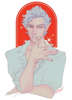 Rule 34 | 1boy, astarion, baldur's gate, baldur's gate 3, blood, dungeons & dragons, dungeons &amp; dragons, elf, karina farek, looking at viewer, male focus, pointy ears, red eyes, shirt, short hair, simple background, solo, upper body, vampire, white background, white hair, white shirt