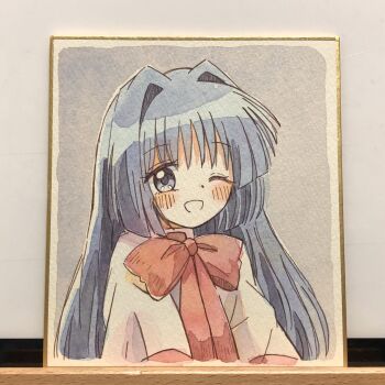 1girl ;d blue_eyes blue_hair blunt_ends blush border bow bowtie capelet commentary_request grey_background hair_between_eyes hair_intakes happy highres kanon long_hair minase_nayuki one_eye_closed open_mouth painting_(medium) red_bow red_bowtie school_uniform shikishi sidelocks simple_background smile solo traditional_media upper_body watercolor_(medium) white_border white_capelet zeppachi