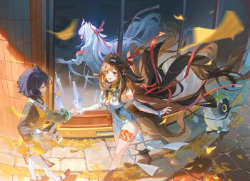 3girls absurdres alternate_form animal_ears armlet bangboo_(zenless_zone_zero) bare_shoulders belle_(zenless_zone_zero) blue_hair blush breasts brown_hair china_dress chinese_clothes commentary_request dress droopy_ears dual_persona fox_ears fox_girl green_eyes hair_between_eyes hair_intakes hair_ornament hairband highres horns jewelry large_breasts long_hair multiple_girls open_mouth red_eyes short_hair silver_armlet single_horn smile tail very_long_hair white_hairband ye_shunguang yurayura_(mdeh5447) yuri zenless_zone_zero