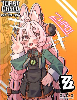 1girl ahoge animal_ear_fluff animal_ear_piercing animal_ears blush braid bright_pupils furry furry_female hair_ornament highres long_hair looking_at_viewer open_mouth original pink_fur pink_hair rabbit_ears rabbit_girl red_eyes shirt short_eyebrows solo thick_eyebrows toastercastles twin_braids white_pupils zenless_zone_zero zhao_(zenless_zone_zero)