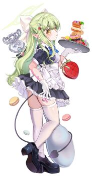 1girl alternate_costume bare_legs black_dress black_shoes blue_archive bread dress food green_hair hikari_(blue_archive) kurusu_rei long_hair macaron maid maid_headdress pointy_ears shoes simple_background solo spoon thighhighs white_background white_thighhighs yellow_eyes