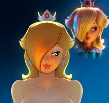1girl blonde_hair blue_eyes combos_&amp;_doodles crown earrings hair_over_one_eye highres jewelry long_hair looking_to_the_side mario_(series) nintendo reference_inset rosalina star_(symbol) star_earrings