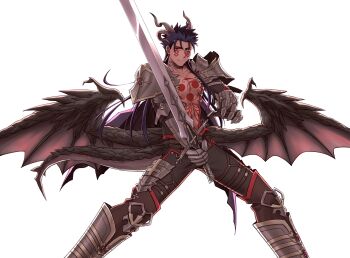 1boy armor axtame balmung_(fate) bare_pectorals black_pants blue_hair chest_tattoo closed_mouth cosplay cu_chulainn_(fate) cu_chulainn_alter_(fate) cu_chulainn_alter_(fate/grand_order) dragon_tail dragon_wings expressionless facepaint facial_mark fate/apocrypha fate/grand_order fate_(series) gloves greaves hair_strand highres holding holding_sword holding_weapon horns jitome legs_apart long_hair looking_at_viewer male_focus pants pauldrons pectorals red_eyes shoulder_armor siegfried_(fate) siegfried_(fate)_(cosplay) simple_background solo standing sword tail tattoo weapon white_background wings