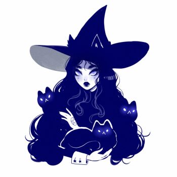 1girl :&lt; animal artist_name blue_eyes cat commentary curly_hair english_commentary glowing glowing_eyes hand_tattoo hat holding holding_animal holding_cat limited_palette lips long_hair original solo tattoo thick_eyebrows upper_body vicki_tsai witch_hat
