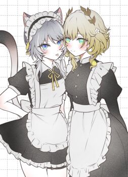 2girls aglaea_(honkai:_star_rail) alternate_costume animal_ear_fluff animal_ears apron aqua_eyes back_bow black_dress black_hairband blonde_hair blue_eyes blue_pupils blush bow breasts buttons cat_ears cat_girl cat_tail checkered_background cipher_(honkai:_star_rail) closed_mouth collared_dress colored_inner_hair commentary_request cowboy_shot dress empty_eyes enmaided flower frilled_hairband frills grey_hair hair_between_eyes hair_bow hair_flower hair_ornament hairband hand_on_own_hip highres honkai:_star_rail honkai_(series) juliet_sleeves kosame_0229 laurel_crown long_sleeves looking_at_viewer maid mandarin_collar medium_breasts multicolored_hair multiple_girls neck_ribbon puffy_short_sleeves puffy_sleeves ribbon short_hair short_sleeves sidelocks smile standing streaked_hair tail thigh_strap tongue tongue_out v-shaped_eyebrows waist_apron white_apron white_background white_bow white_flower wing_collar yellow_ribbon