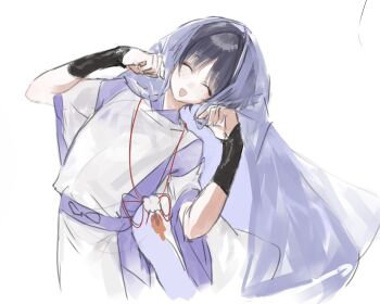 bent_over blue_hair closed_eyes genshin_impact hand_up highres japanese_clothes kimono makeup male_focus mascara purple_kimono purple_veil scaramouche_(genshin_impact) scaramouche_(kabukimono)_(genshin_impact) short_hair smile solo veil white_background x_makila