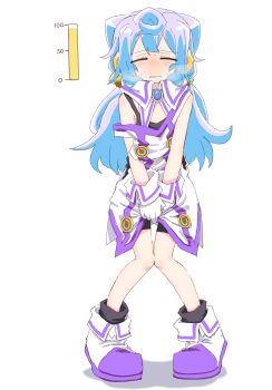 Rule 34 | 1boy, between legs, bike shorts, black shirt, black socks, blue gemstone, blue hair, blush, breath, brooch, clenched teeth, closed eyes, detached collar, dress, facing viewer, full body, gem, gloves, hacka doll, hacka doll 3, hair ornament, hand between legs, have to pee, jewelry, knees together feet apart, long hair, male focus, nose blush, own hands together, pigeon-toed, ponnu (tnpn2yw), purple shoes, purple trim, raised eyebrows, shirt, shoes, sidelocks, simple background, socks, solo, standing, straight-on, strap slip, sweat, teeth, trap, undershirt, urine meter, variant set, white background, white dress, white gloves