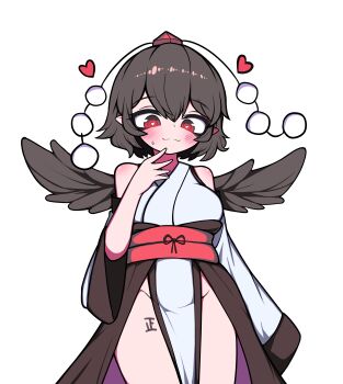Rule 34 | 1girl, :3, absurdres, bare shoulders, black dress, black hair, blush, breasts, closed mouth, clothing cutout, commentary request, cowboy shot, double-parted bangs, dress, feathered wings, groin, hair between eyes, hand up, hat, heart, heart-shaped pupils, hh, highres, kourindou tengu costume, large breasts, leg tattoo, looking at viewer, pelvic curtain, pointy ears, red eyes, red hat, shameimaru aya, short hair, shoulder cutout, simple background, small sweatdrop, smile, solo, standing, symbol-shaped pupils, tally, tattoo, tokin hat, touhou, two-tone dress, white background, white dress, wings