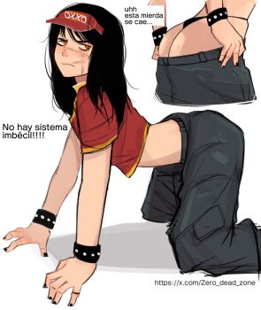 1girl all_fours black_hair black_nails chainsaw_man multiple_views ringed_eyes scar scar_on_face spanish_text thong yellow_eyes yoru_(chainsaw_man) zero_dead_zone