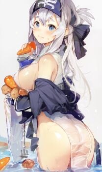 10s 1girl ainu_clothes anchor ass blue_eyes blue_gloves blush breasts carrot chain closed_mouth cowboy_shot female_focus folded_ponytail from_behind gloves headband highres jacket kamoi_(kancolle) kantai_collection large_breasts long_hair looking_to_the_side onion simple_background solo souji_hougu thick_eyebrows wading wavy_mouth wet white_hair