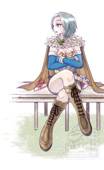 1girl alchemist_(ragnarok_online) bench blue_gloves boots breasts brown_boots brown_cape brown_eyes cape cleavage commentary_request crossed_legs dress elbow_gloves fingerless_gloves flask full_body fur_collar gloves grey_dress grey_hair lace-up_boots lobnor looking_to_the_side medium_breasts open_mouth potion ragnarok_online round-bottom_flask short_dress short_hair sitting solo strapless strapless_dress watermark