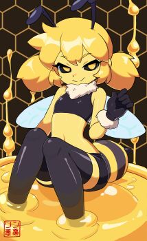 absurdres bee blonde_hair bug colored_skin commentary crop_top english_commentary highres honey honeycomb_(pattern) insect rin_nightmare thighhighs wings yellow_skin
