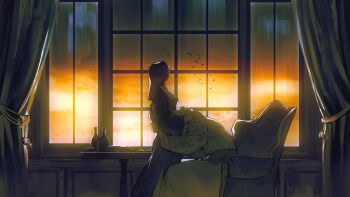 1boy 1girl against_window ashtray bird black_dress black_hair blonde_hair breasts chair cigarette cloud cloudy_sky commentary_request curtains dress evening glass_bottle head_hug hetero highres indoors looking_to_the_side nun on_chair original robe sky small_breasts standing sunset tears thai_commentary too_many too_many_birds twilight unholymilk upper_body white_robe