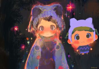 Rule 34 | 1girl, animal hat, arms at sides, black background, black eyes, black hair, black sweater, blue hat, blue jacket, blue skirt, blush, braid, cat hat, chibi, chibi inset, chinese commentary, closed mouth, commentary request, dated, dot nose, fish skeleton hair ornament, hair ornament, hat, high twin braids, highres, jacket, looking at viewer, open clothes, open jacket, pom pom (clothes), short hair, skirt, smile, solo focus, sparkle, sweater, turtleneck, turtleneck sweater, twin braids, upper body, upturned eyes, wormiko, xgshjsgha, yume tsushin