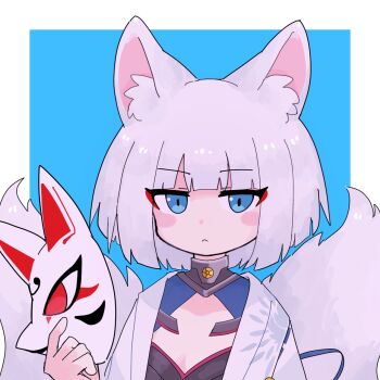 1o_o1 animal_ears azur_lane blue_eyes chibi commentary_request fox_ears fox_girl fox_mask fox_tail highres kaga_(azur_lane) looking_at_viewer mask multiple_tails tail white_hair