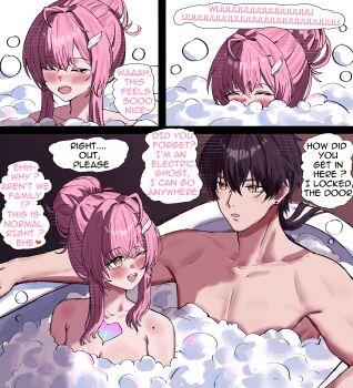 1boy 1girl 2na_(blue2na) absurdres adoptive_parent_and_adoptive_child aemeath_(wuthering_waves) ahoge black_hair blush breasts collarbone commentary father_and_child father_and_daughter hair_between_eyes hair_bun hair_ornament hair_up highres looking_at_another male_rover_(wuthering_waves) medium_breasts mixed-sex_bathing mole mole_on_shoulder one_eye_closed open_mouth orange_eyes parent_and_child pink_hair rover_(wuthering_waves) shared_bathing smile tacet_mark_(wuthering_waves) toned toned_male wuthering_waves yellow_eyes