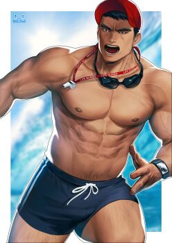 Rule 34 | 1boy, abs, bara, bare pectorals, baseball cap, beach, black hair, blue male swimwear, bulge, cowboy shot, dark-skinned male, dark skin, goggles, goggles around neck, hat, highres, large pectorals, leg hair, lifeguard, male focus, male swimwear, mature male, muscular, muscular legs, muscular male, navel, navel hair, nipples, odol illust, open mouth, original, pectorals, realistic, running, short hair, sideburns, solo, stomach, swim trunks, thighs, topless male, veins, watch, whistle, whistle around neck, wristwatch