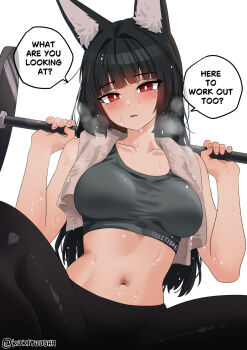 1girl alternate_costume animal_ear_fluff animal_ears black_hair black_leggings black_pants black_sports_bra blush breasts breath bright_pupils collarbone commentary dumbbell english_text exercising fox_ears fox_girl highres holding holding_dumbbell hoshimi_miyabi kukiyuusha leggings long_hair looking_at_viewer medium_breasts navel paid_reward_available pants red_eyes simple_background solo sports_bra squatting stomach sweat towel towel_around_neck weightlifting white_background white_pupils yoga_pants zenless_zone_zero
