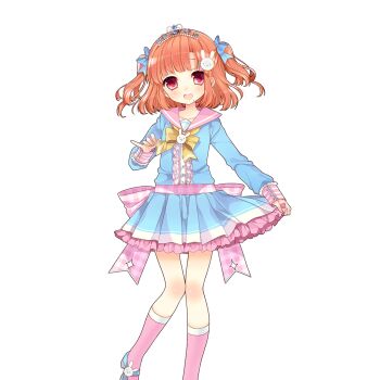 1boy blue_dress blue_shoes blunt_bangs bow bowtie clothes_lift crossdressing crossdressing_(mtf) dress frilled_dress frills hair_ornament jerry_lemon kneehighs moriyama_shijimi open_mouth pink_sailor_collar pink_socks rabbit_hair_ornament red_eyes sailor_collar school_uniform shoes short_hair skirt skirt_lift socks trap two_side_up uchi_no_hime-sama_ga_ichiban_kawaii yellow_bow yellow_bowtie