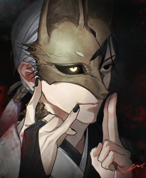 Rule 34 | 1boy, black eyes, black hair, black nails, black sclera, black sleeves, bridal gauntlets, closed mouth, colored sclera, cracked kawaii mask, enshou (namarien), fingerless gloves, fox mask, fox mask (silent hill), fox shadow puppet, gloves, hair between eyes, japanese clothes, long hair, low ponytail, male focus, mask, motoyui, ponytail, robe, signature, silent hill (series), silent hill f, solo, upper body, white hair, white robe, yellow eyes