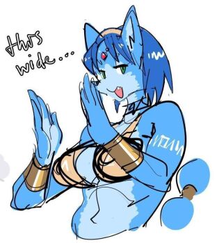 1girl animal_ears blue_hair fang female_focus fox_girl green_eyes krystal nintendo open_mouth short_hair solo star_fox star_fox_adventures tagme tail watatanza